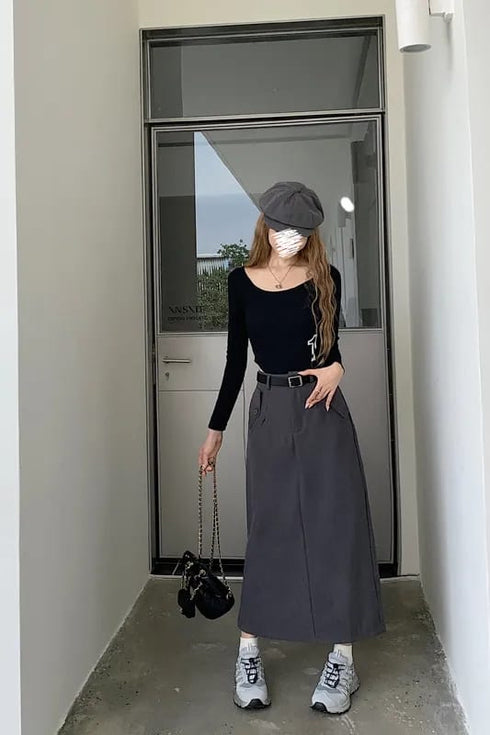 Casual Full Length Side Pocket Loose Skirts With Belt